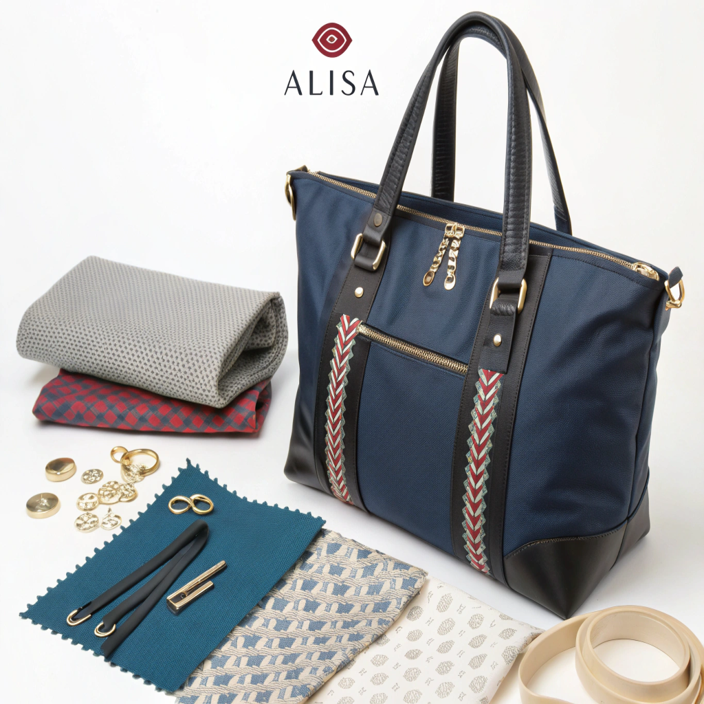 Toiletry Bag Customization Case Study A "mood board" style image showing Alisa's final bag along with a fabric swatch, a hardware piece, and a logo detail shot.