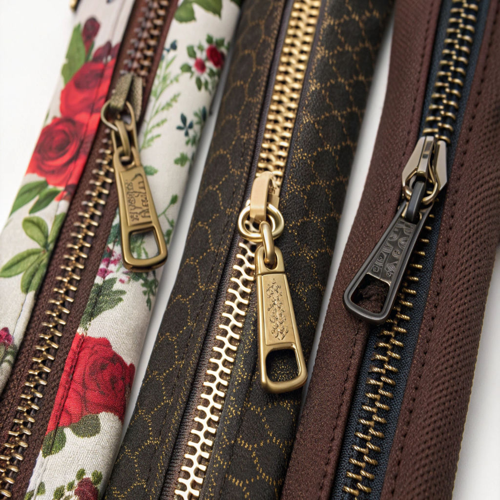 Custom Zippers and Hardware for Bags A close-up shot showcasing different types of zippers and custom pullers on bags.
