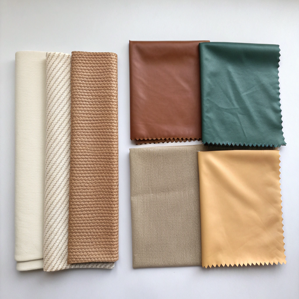 Toiletry Bag Material Options A flat lay of different fabric swatches like canvas, nylon, polyester, and PU leather.