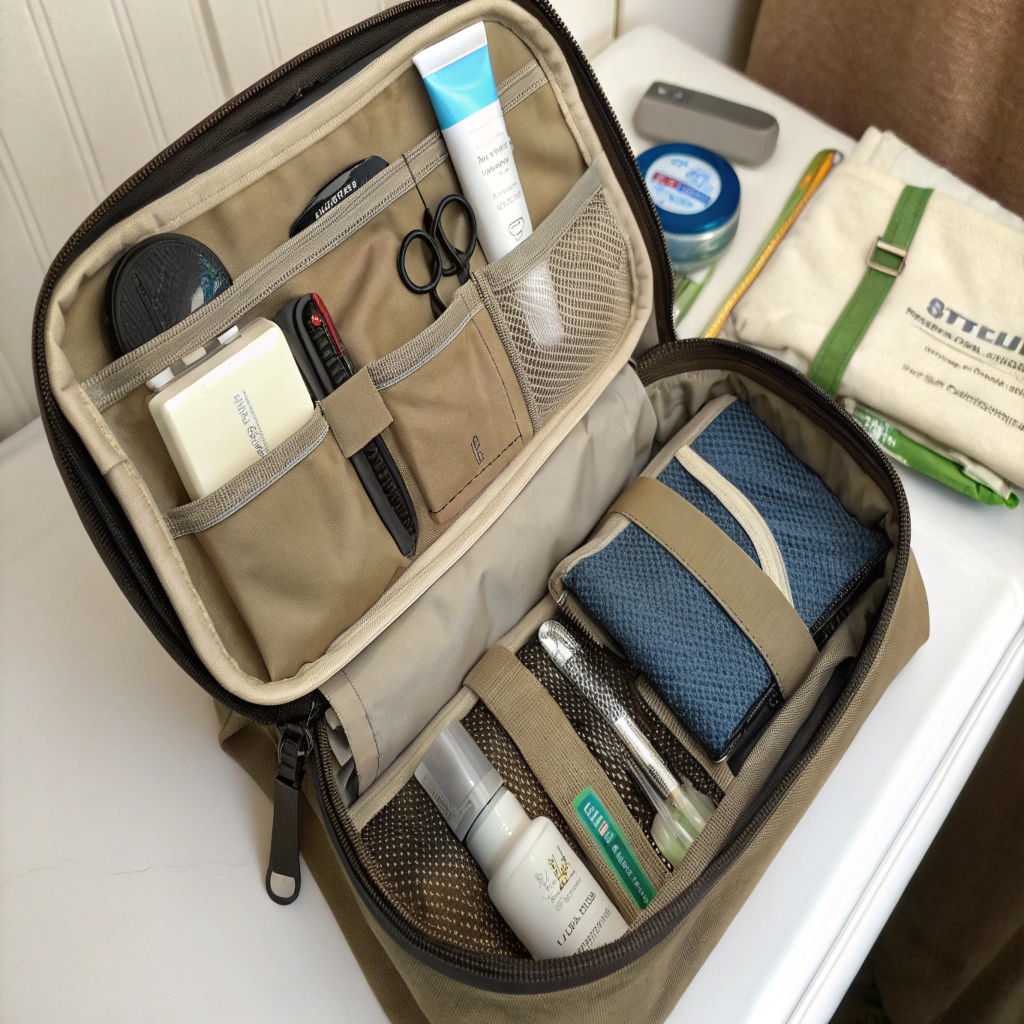 Custom Toiletry Bag Interior Design An open toiletry bag showing a well-organized interior with pockets, loops, and dividers.