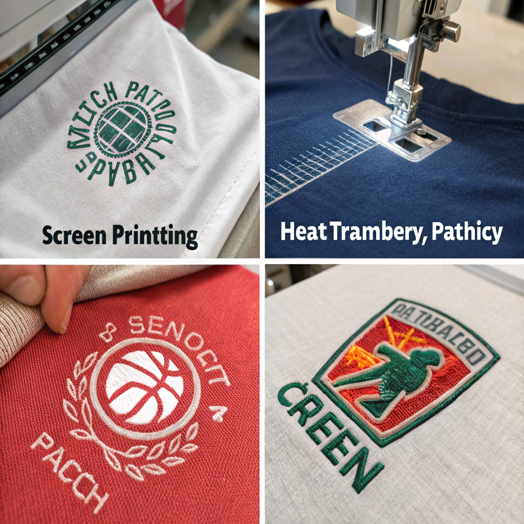 Logo Customization Techniques for Toiletry Bags Close-up shots comparing four different logo application methods on fabric.